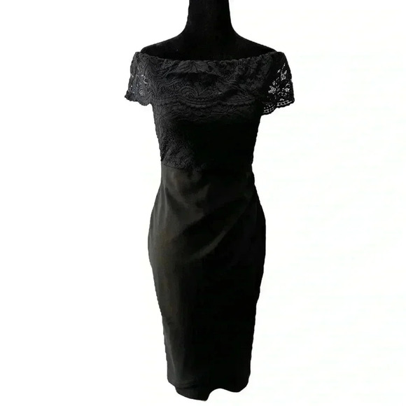 Le Chateau Cocktail Dress Off Shoulder Bardot Lace  Bodice Formal LBD Black XS - Picture 1 of 16